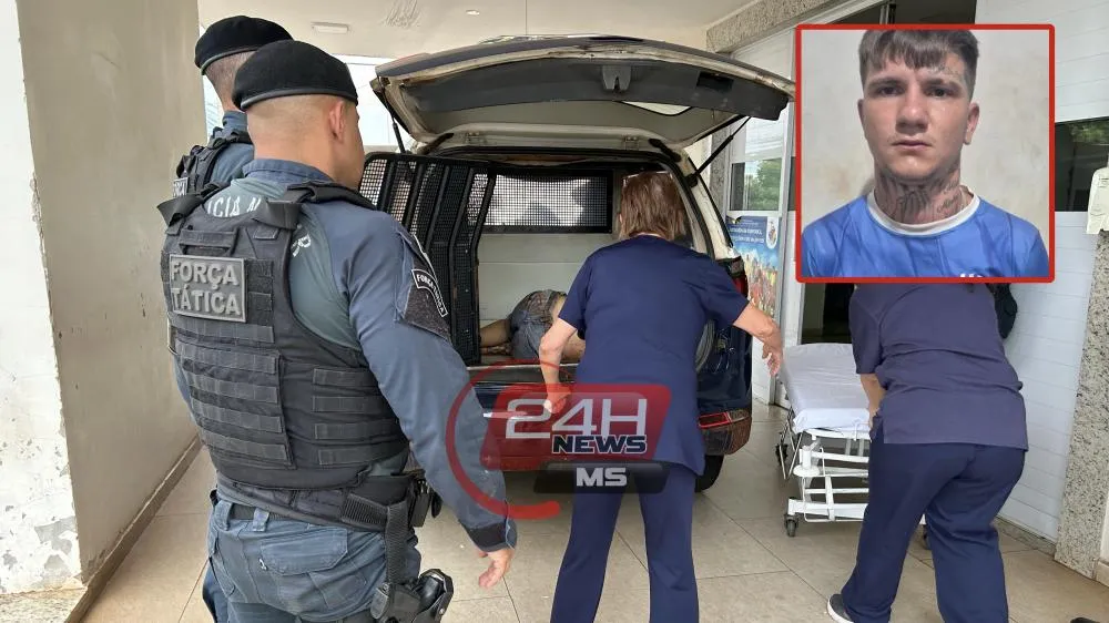 Força Tática no Hospital Auxiliadora durante socorro a criminoso ferido em confronto policial em Três Lagoas (Foto - Eliton Chaves / 24h News MS)